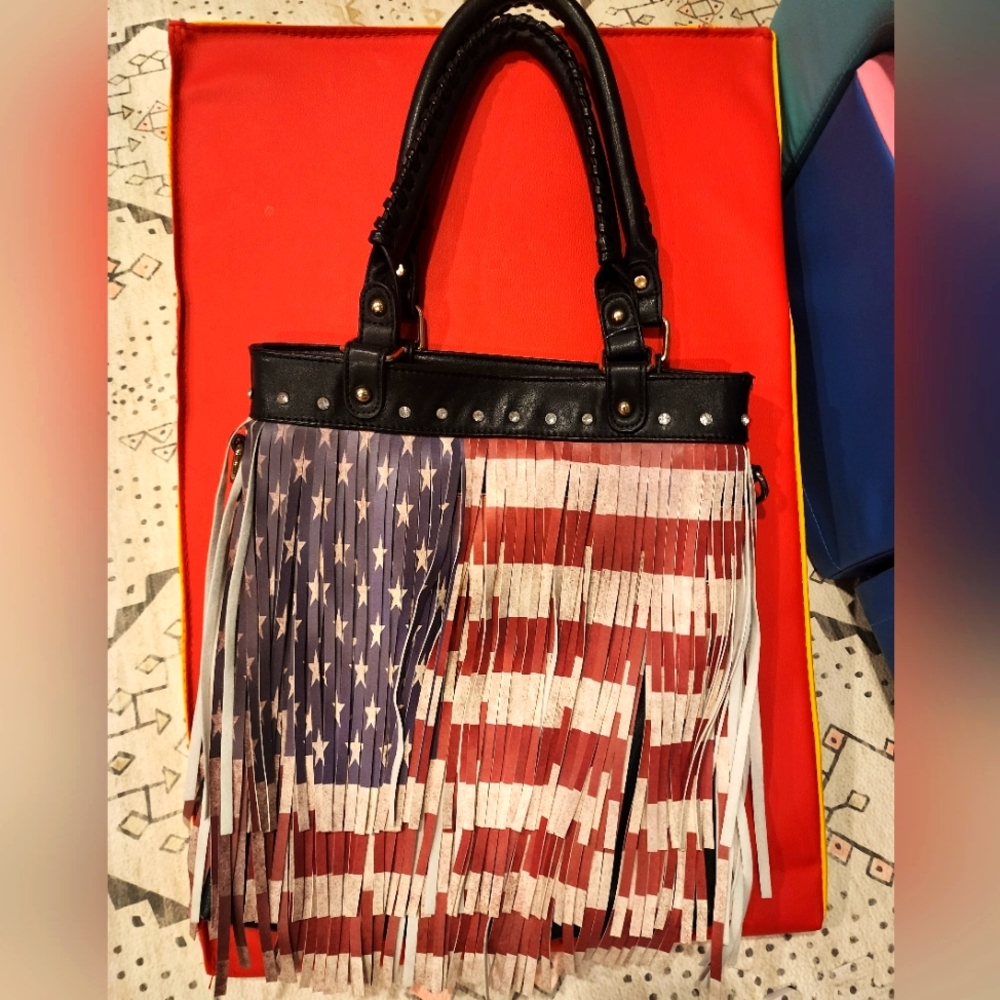 Handbag Republic USA Flag Faux Leather Fringe Large Tote  Handbag